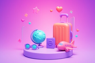 Colorful travel-themed 3D illustration with suitcase, globe, airplane, and passport on pink background with floating stars and hearts concept. Ai generative