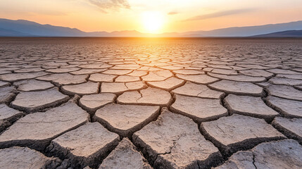 Image shows dry, cracked landscape with setting sun on horizon, indicating severe drought or water scarcity, highlighting environmental stress and need for water conservation solutions