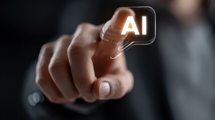 Person presses artificial intelligence on a futuristic interface with their finger