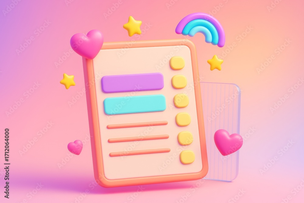 Poster colorful cute pastel interface mockup with hearts, stars and rainbow elements on a soft gradient bac