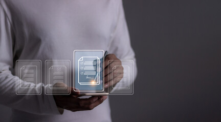 Young man with smartphone mobile hand touching to sign a Online Business Contract, Electronic signature, Contract signing, Digital documents, Future smart contract
