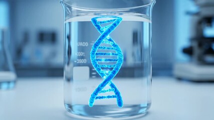 DNA Helix in Laboratory Beaker - A glowing blue DNA helix is suspended in a clear beaker filled with liquid. - Powered by Adobe