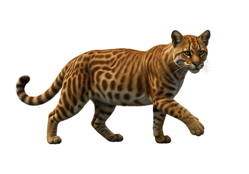 A detailed, digitally rendered image of a spotted wild cat, showcasing its rich, patterned fur and alert posture against a striking black background.