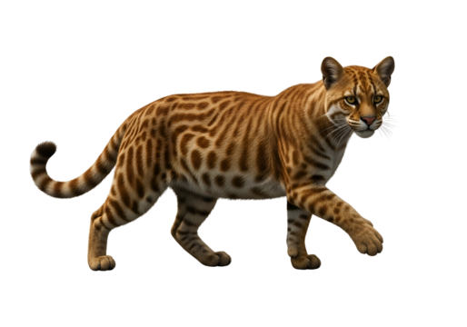 A detailed, digitally rendered image of a spotted wild cat, showcasing its rich, patterned fur and alert posture against a striking black background.