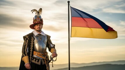 Proud German man in traditional 17th-century military uniform with armor and sword standing next to the German flag at sunset. - Powered by Adobe