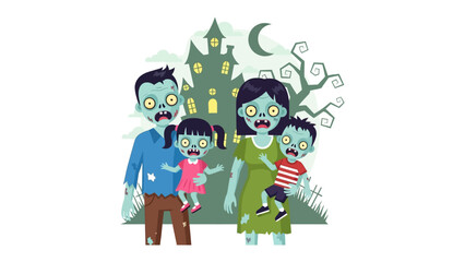 Undead Family Halloween Celebration: A ghoulish family, embracing the Halloween spirit, stands before a haunted house. A playful illustration evoking the spooky fun and the undead season. 