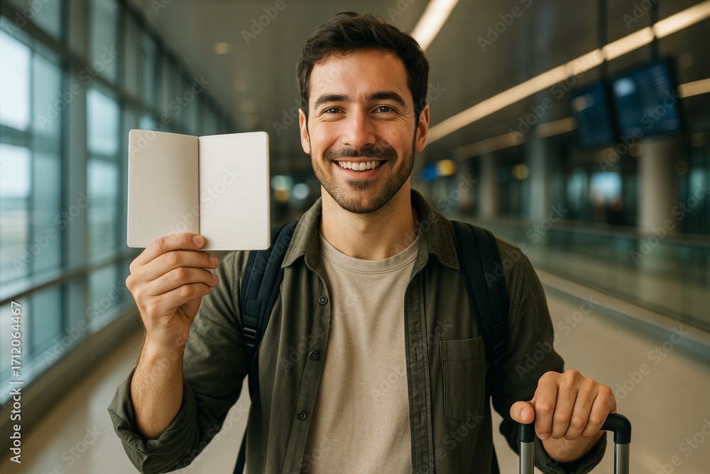 Poster smiling traveler holding blank passport mockup in airport terminal for travel concept and branding p