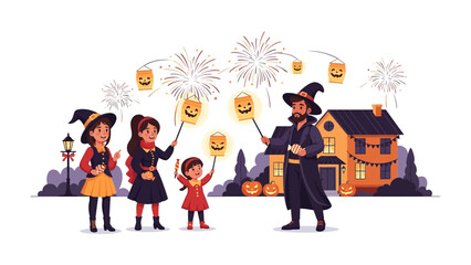 Halloween Family Gathering: A whimsical illustration depicting a family gathering on Halloween night. Children dressed in festive costumes and holding pumpkin masks.