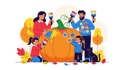 Family Pumpkin Painting Fun: A vibrant illustration captures a family's joyous bonding through painting a pumpkin together, embodying the essence of autumn's creative spirit.