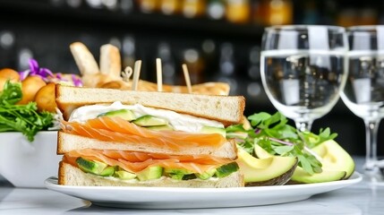 A gourmet sandwich filled with avocado, smoked salmon, and cream cheese, served on a marble countertop