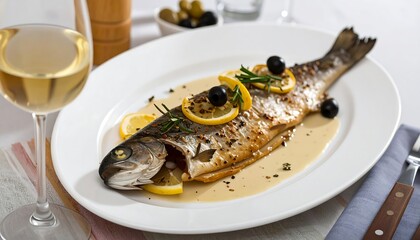 Roasted fish dish with lemon, herbs, and olives
