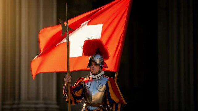 Portrait of a Swiss Guard in historical uniform with armor, a plumed helmet, and a halberd, standing proudly with the Swiss flag.