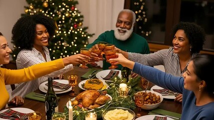 A multigenerational african american family celebrating christmas dinner together, toasting with drinks around a festive table