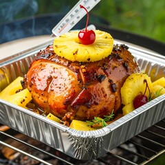 Roasted ham with pineapple and cherries, on a grill