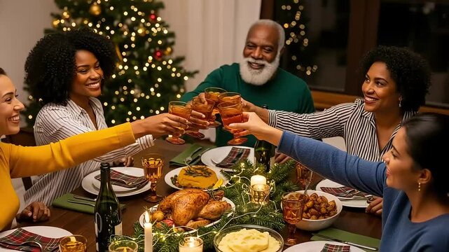 A multigenerational african american family celebrating christmas dinner together, toasting with drinks around a festive table - Powered by Adobe