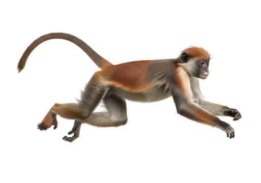 A vivid representation of a reddish-brown monkey in a dynamic leaping pose against a stark black backdrop.