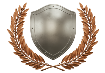 Isolated emblem of a shield framed by laurel branches, symbolizing honor and achievement