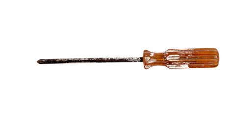 A well used, rusty Phillips head screwdriver with an amber handle.