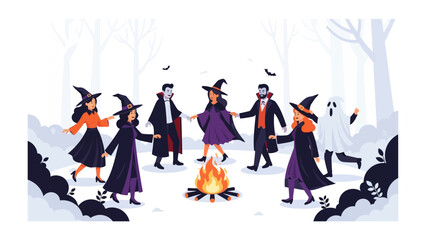 Halloween Gathering: A group of fantastical figures gather joyfully around a bonfire, celebrating the spooky holiday. Dancing, laughing, and spreading the eerie ambiance of the special night.