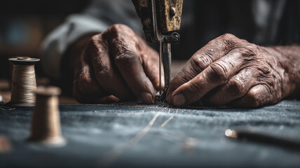 Close-up shot of a craftsman sewing with a vintage machine, showing his hands guiding the fabric with meticulous precision