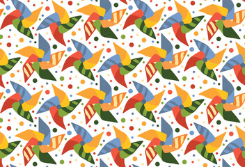 Seamless pattern with colorful pinwheels and confetti. Bright party background of joyful elements