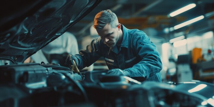 Maintenance technician in workshop working on vehicle's engine