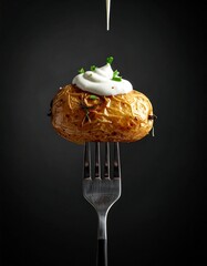 Roasted potato on a fork with creamy sauce