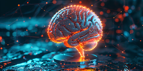 Dynamic AI brain pulses with digital energy and glowing nodes