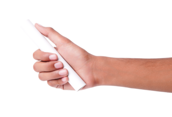 Hand holding a piece of white chalk, isolated on a .
