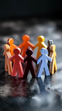 A group of people are holding hands in a circle. The people are of different colors and sizes. Concept of unity and togetherness