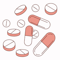 A collection of simple line art style pills and capsules in shades of pink and white on a white background
