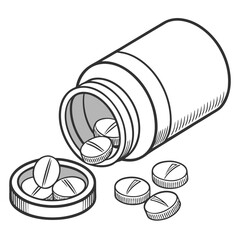 A simple line art illustration of a pill bottle with its cap off and pills spilling out onto a white background