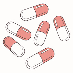 A scattering of six pink and white capsules on a plain background in a simple illustration style