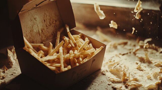 Closeup of open fast food box with crumpled fries. Crumbled pieces falling out.