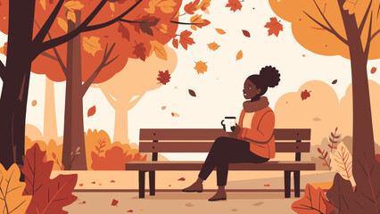 Flat Vector Autumn Illustration of Woman Sitting on Park Bench with Coffee Autumn park bench illustration shows falling leaves and cozy seasonal design with woman sitting outdoors and holding coffee