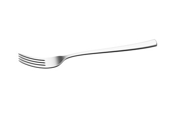 A sleek stainless steel fork with a reflective finish and a slightly curved handle. 3D Illustration