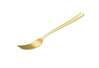 A sleek gold-plated fork with a reflective finish and a slightly curved handle. 3D Illustration