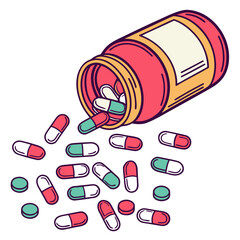 Illustration of a red pill bottle tipped over spilling out red white and green capsules and tablets