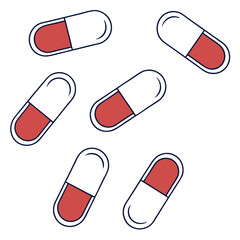 Six red and white capsules scattered randomly on a white background in a simple flat design