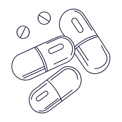 Simple line art illustration of medical capsules and pills on a white background