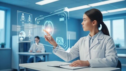 Female doctor using interactive AI digital panel for patient diagnostics, futuristic healthcare, smart hospital technology, data analysis, medical education, innovation - Powered by Adobe