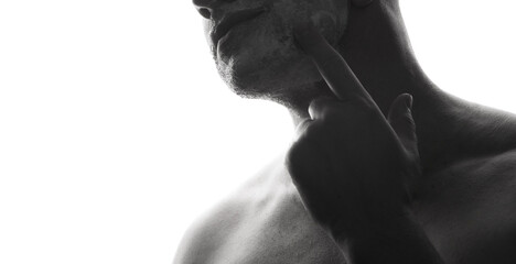 Man, neck and red rash pain from razor burn for hair removal for hygiene maintenance