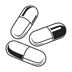 Three black and white capsule pills isolated on a white background representing medicine and healthcare