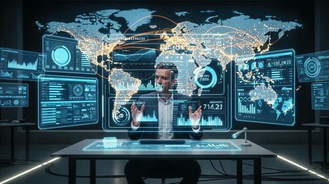 Businessman in control room analyzing global data on futuristic digital screens, world map network, big data, advanced analytics, technology, international strategy