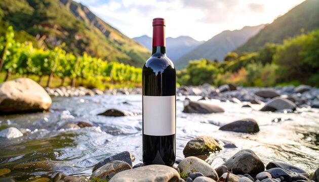 Wine bottle by a mountain stream
