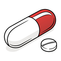 A red and white capsule pill and a round tablet pill with a dividing line on a white background
