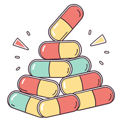 A pyramid of colorful medicine capsules stacked in a playful and illustrative style against a white background