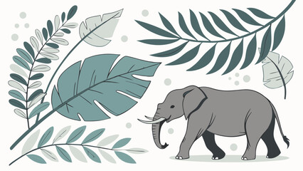 Cute Elephant with Tropical Leaves Illustration Jungle Animal Design Baby Shower Decor Kids Room Wall Art Safari Theme Graphic Vector Illustration Printable Art Nursery Decor Teal and Gra.