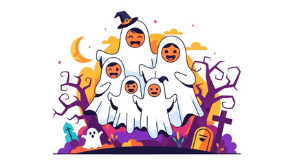 Spooky Family Halloween: A whimsical illustration of a family dressed as ghosts, captured in an eerie yet heartwarming Halloween setting.