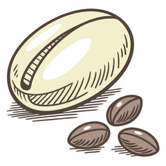 Hand drawn illustration of a large light colored coffee bean with three smaller brown coffee beans scattered around it